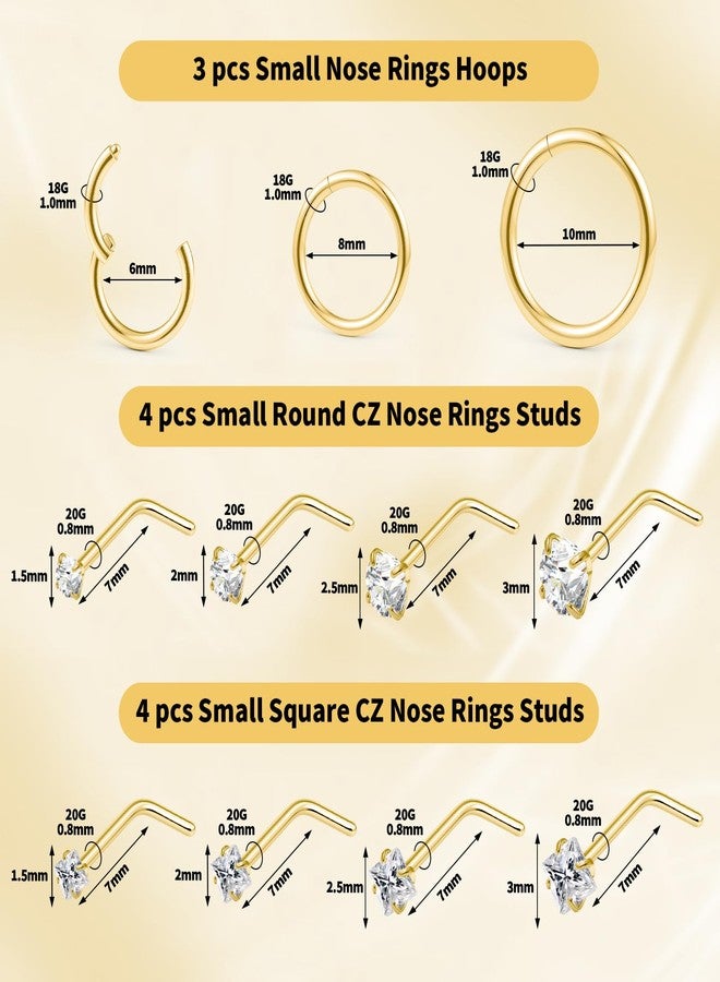 حلقات أنف بوزن 20 غرام وحلقات أنف بوزن 18 غرام للنساء والرجال: حلقات أنف من الفولاذ الجراحي المقاوم للحساسية، بدون خيوط، بتصميم لولبي/على شكل حرف L/مستقيم، مرصعة بأحجار الزركونيا المكعبة الصناعية، بأحجام 1.5/2/2.5/3 مم، مزودة بمشبك مفصلي، مناسبة لثقب الحاجز الأنفي وفتحة الأنف وعظمة الأنف، بأحجام 6/8/10 مم، 11 قطعة (11 قطعة - ذهبية - حلقة أنف على شكل حرف L + حلقة أنف). - Image 2